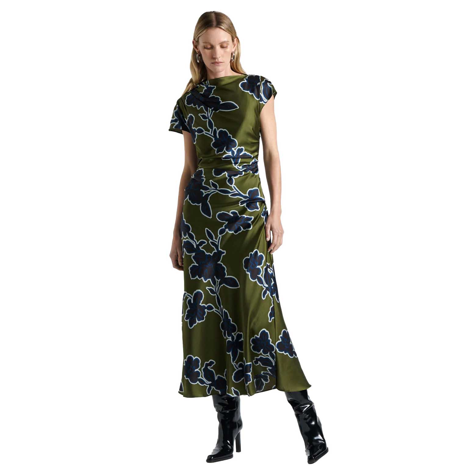 Cue Olivine Illustrated Floral Satin Midi Dress